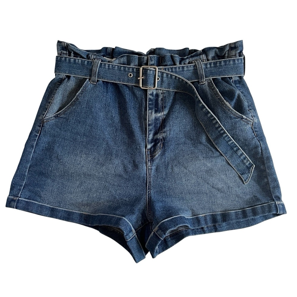 No Boundaries Women's Size L (11-13) Jean Shorts Paper Bag Belt Medium Wash 3"